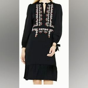 ANN TAYLOR Black Tie Sleeve Split Neck Embroidered Dress